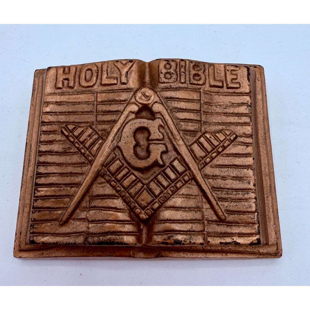 Vintage Masonic Holy Bible Paperweight Freemason Square Compass G Cast Metal